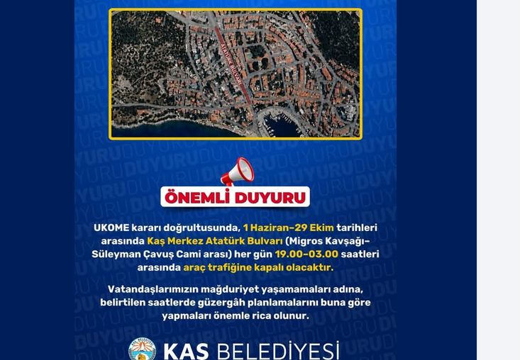 Kaş Önemli Duyuru | Atatürk Bulvarı Araç Trafiğine Kapatılıyor